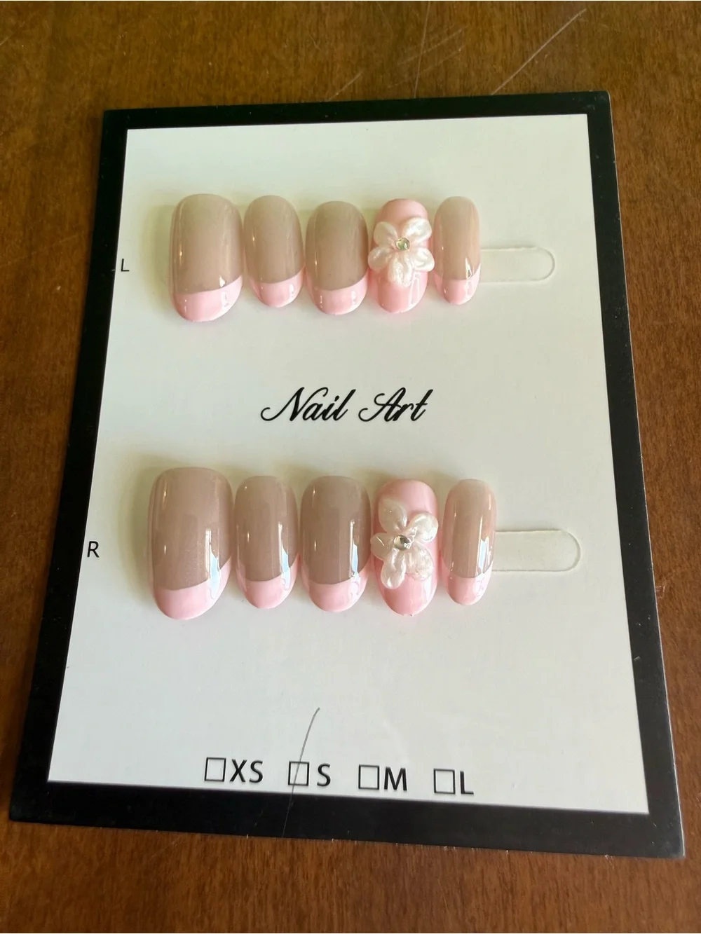 Neutral Taupe Press-On Nails with Pink French Tips & 3D Flower Accent